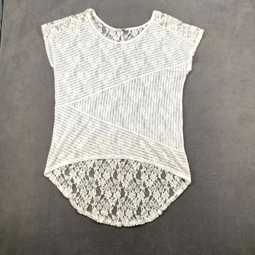 Free People Daydream Tunic Top Womens Medium White Striped‎ Lace High Low Hem